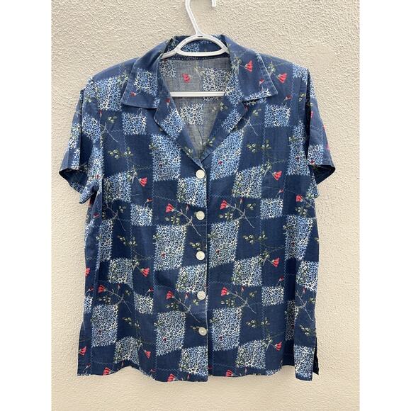 Handmade Tops - Womens Handmade Shirt Size Unknown Blue Floral Short Sleeve Button Up